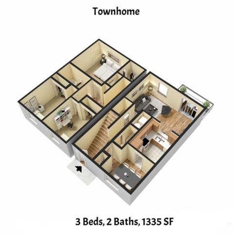 the bedrooms in the floor plan are separated by baths